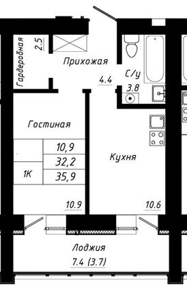 Продажа 1-комнатной квартиры 35,9 м², 6/10 этаж