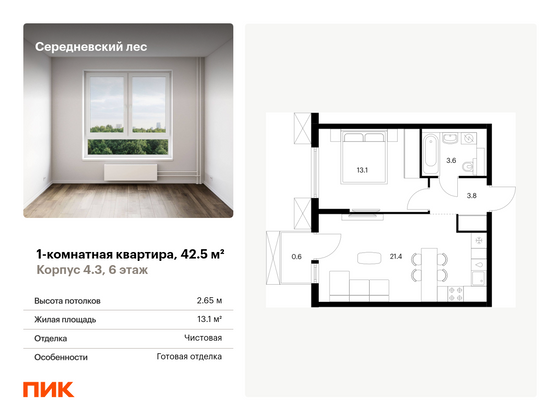 42,5 м², 1-комн. квартира, 6/9 этаж