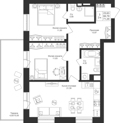 71,3 м², 2-комн. квартира, 1/4 этаж