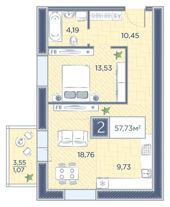 Продажа 2-комнатной квартиры 57,7 м², 13/18 этаж