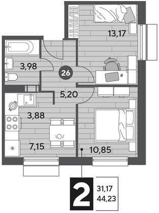 Продажа 2-комнатной квартиры 44,2 м², 5/9 этаж