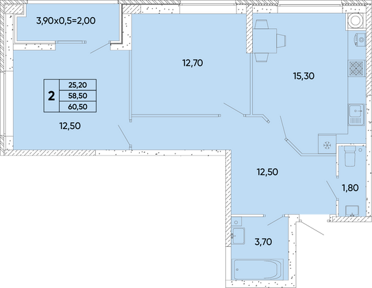 60,5 м², 2-комн. квартира, 2/9 этаж