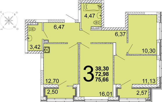 74,3 м², 3-комн. квартира, 1 этаж