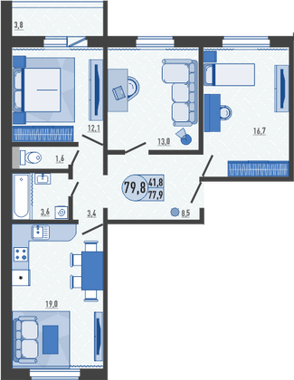 79,8 м², 3-комн. квартира, 6/16 этаж