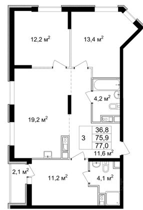 Продажа 3-комнатной квартиры 77 м², 6/9 этаж