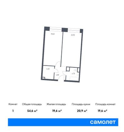 54,6 м², 1-комн. квартира, 8/10 этаж