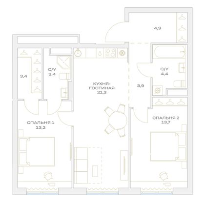 Продажа 2-комнатной квартиры 68,2 м², 9/23 этаж