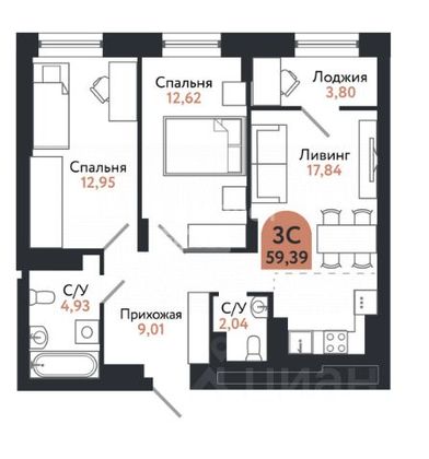 Продажа 3-комнатной квартиры 59,4 м², 14/26 этаж