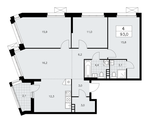 93 м², своб. планировка, 5/21 этаж