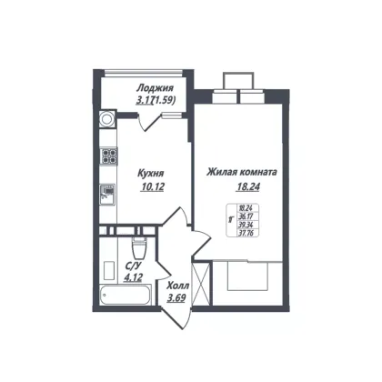 Продажа 1-комнатной квартиры 37,8 м², 6/8 этаж