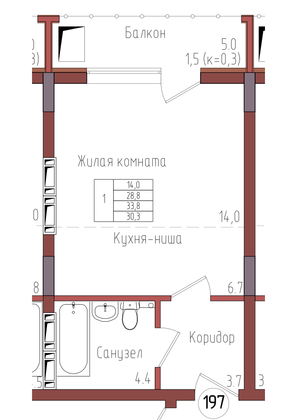 30,3 м², 1-комн. квартира, 7/9 этаж