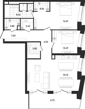 104,5 м², 2-комн. квартира, 19/33 этаж