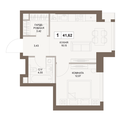 41,6 м², 1-комн. квартира, 22/75 этаж