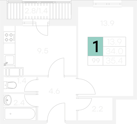 Продажа 1-комнатной квартиры 35,4 м², 8/9 этаж