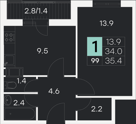 35,4 м², 1-комн. квартира, 8/9 этаж