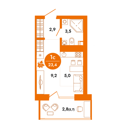 23,4 м², 1-комн. квартира, 10/16 этаж