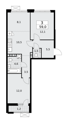 59 м², 3-комн. квартира, 4/18 этаж