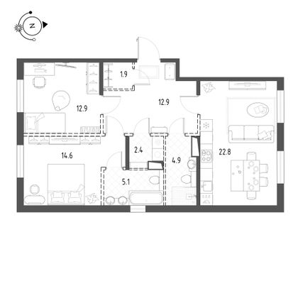 77,5 м², 2-комн. квартира, 3/10 этаж