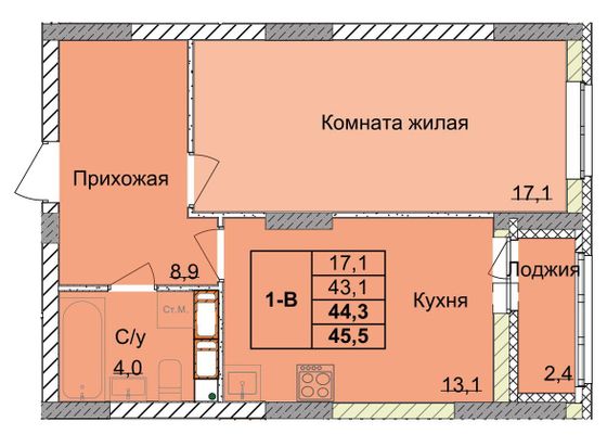 Продажа 1-комнатной квартиры 44,3 м², 7/18 этаж