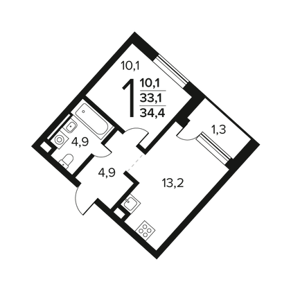 34,4 м², 1-комн. квартира, 2/12 этаж