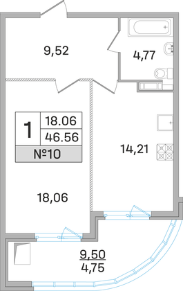 46,6 м², 1-комн. квартира, 6 этаж