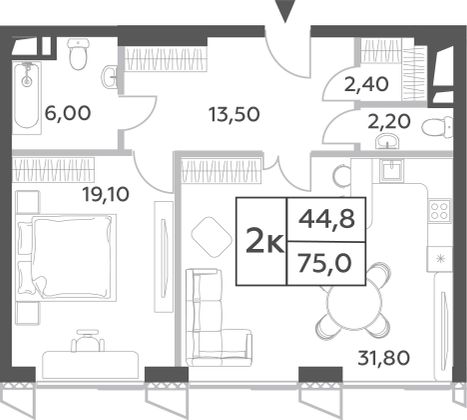 74,3 м², 2-комн. квартира, 41/56 этаж