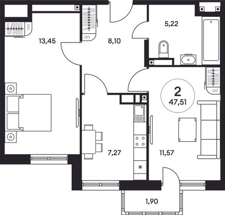 47,6 м², 2-комн. квартира, 2/25 этаж