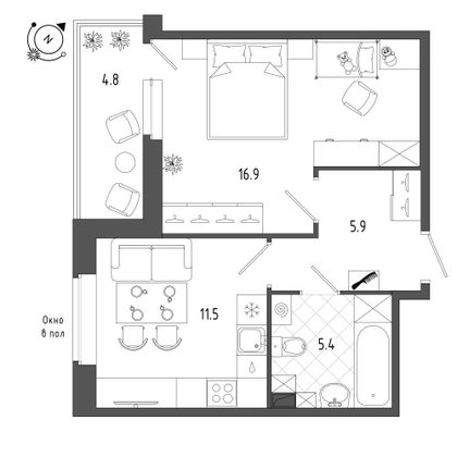 42,3 м², 1-комн. квартира, 1/12 этаж