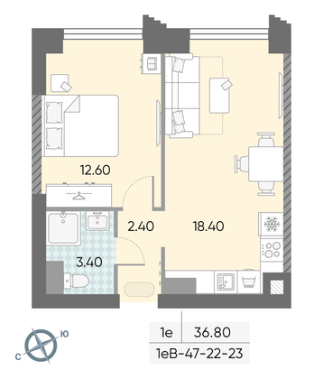 Продажа 1-комнатной квартиры 36,8 м², 22/58 этаж