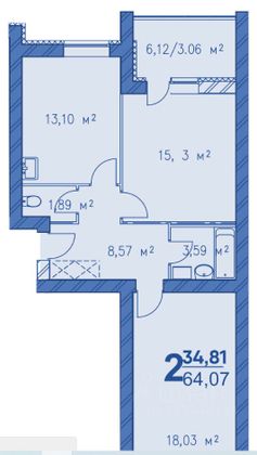 Продажа 2-комнатной квартиры 64,1 м², 1/9 этаж