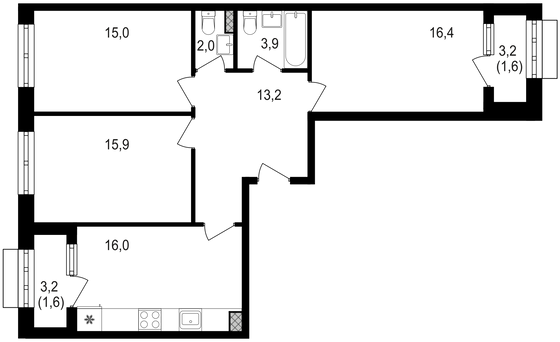 85,6 м², 3-комн. квартира, 2/15 этаж