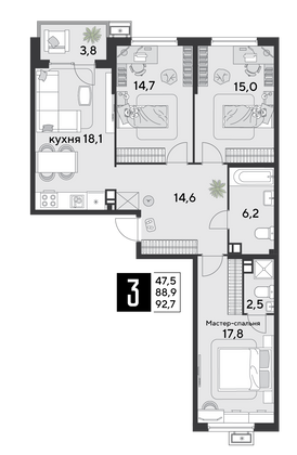 Продажа 3-комнатной квартиры 92,7 м², 3/9 этаж