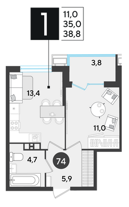 Продажа 1-комнатной квартиры 38,8 м², 9/18 этаж