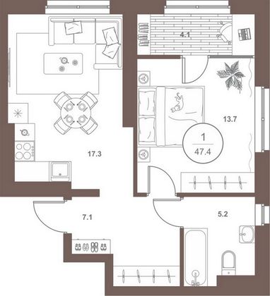 Продажа 1-комнатной квартиры 47,4 м², 12/18 этаж