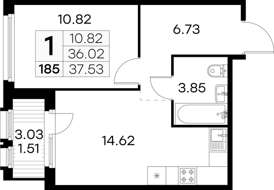 37,5 м², 1-комн. квартира, 6/15 этаж