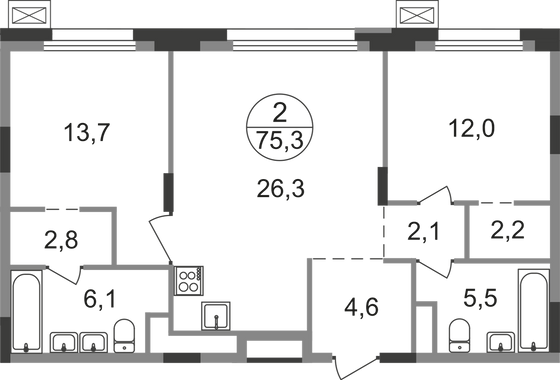 75,3 м², 2-комн. квартира, 3/9 этаж