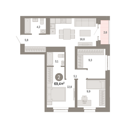 Продажа 3-комнатной квартиры 69,4 м², 19/31 этаж