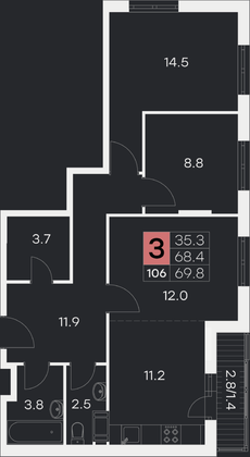 69,8 м², 3-комн. квартира, 9/9 этаж