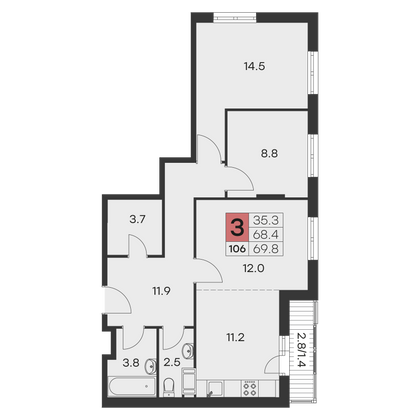 69,8 м², 3-комн. квартира, 9/9 этаж