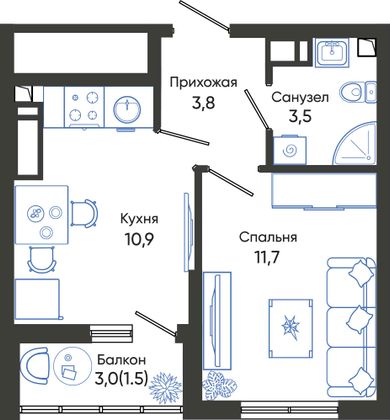 31,4 м², 1-комн. квартира, 16/24 этаж