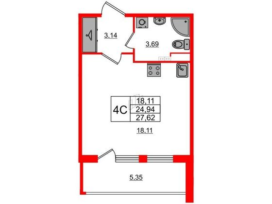 Продажа квартиры-студии 24,9 м², 2/4 этаж