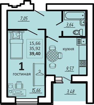 Продажа 1-комнатной квартиры 39,4 м², 2/15 этаж