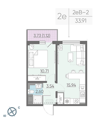 Продажа 1-комнатной квартиры 33,9 м², 2/13 этаж