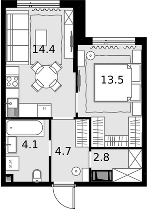39,5 м², 1-комн. квартира, 12/28 этаж