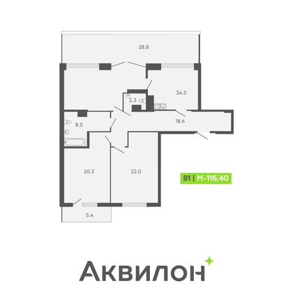 116,4 м², 2-комн. квартира, 9/9 этаж