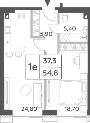 Продажа 1-комнатной квартиры 54,1 м², 3/52 этаж