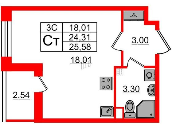 Продажа квартиры-студии 24,3 м², 3/5 этаж