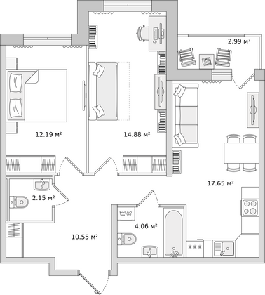 60,9 м², 2-комн. квартира, 7/9 этаж