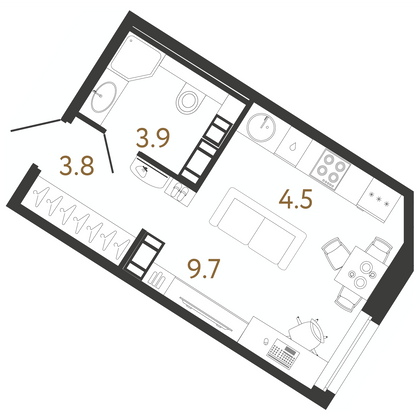 21,9 м², студия, 3/14 этаж