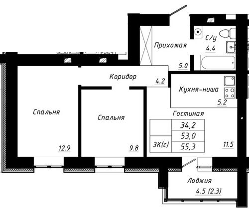 Продажа 3-комнатной квартиры 55,3 м², 4/10 этаж